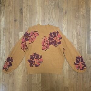 Marina V Paris Womens Mock Neck Colorful Floral Burnt Orange Sweater Medium